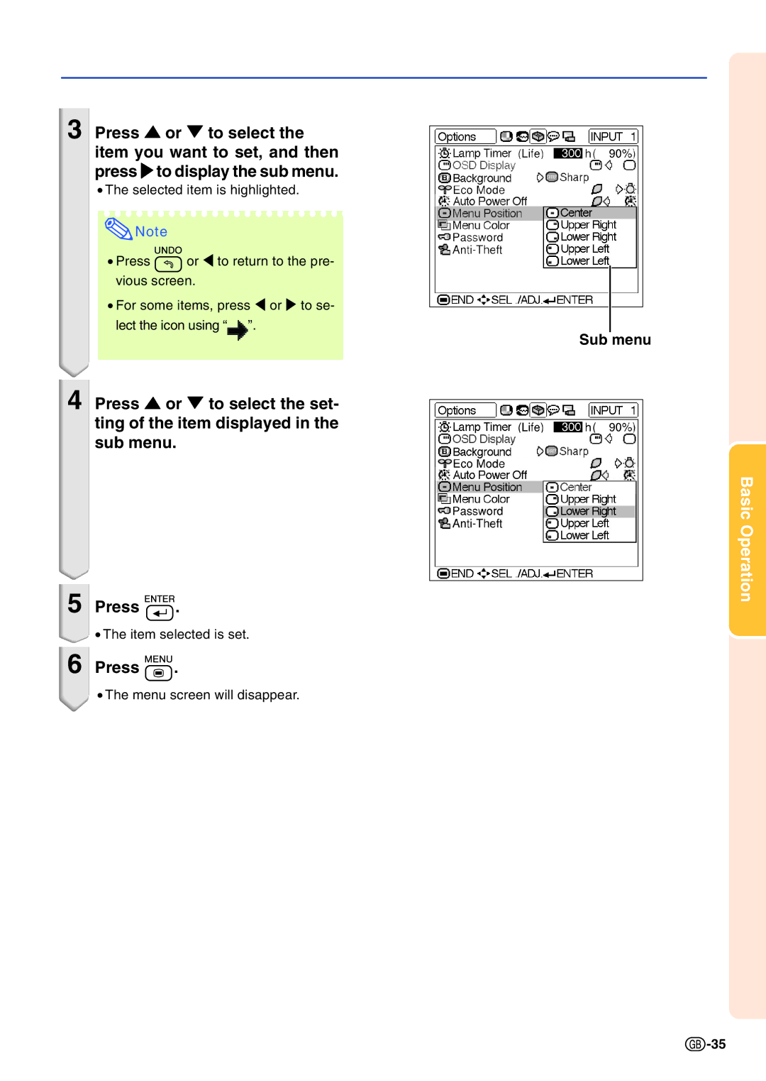 Sharp PG-A10X operation manual Sub menu 