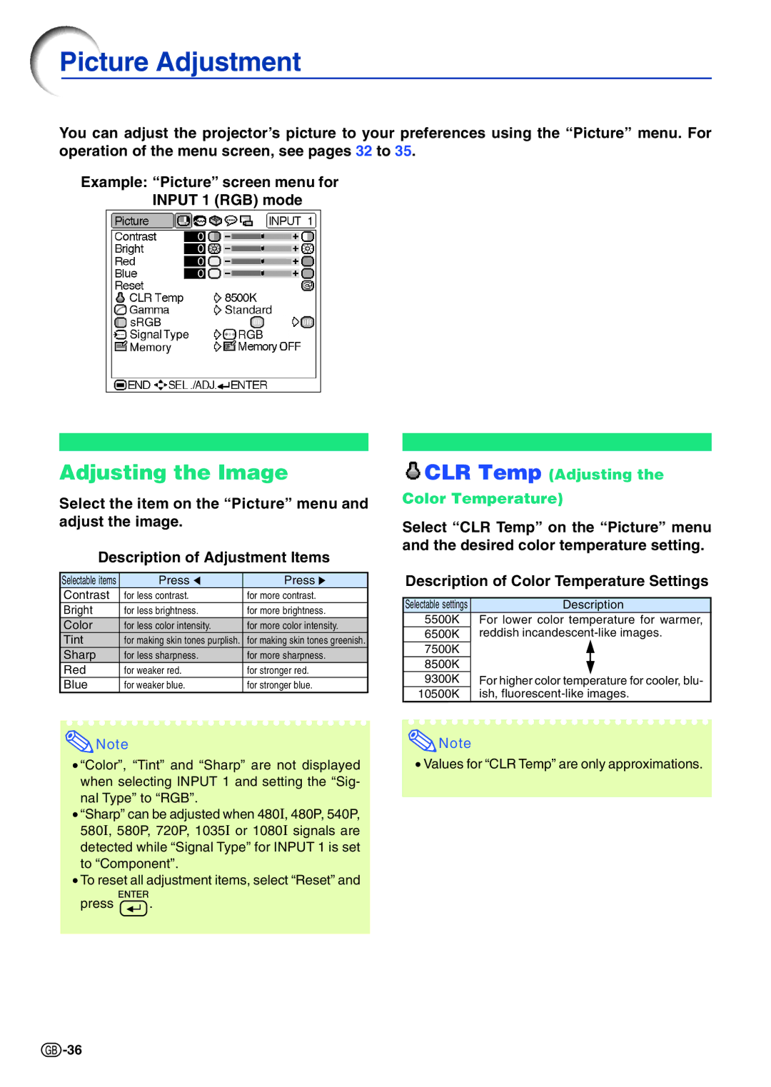 Sharp PG-A10X operation manual Picture Adjustment, Adjusting the Image, CLR Temp Adjusting Color Temperature 