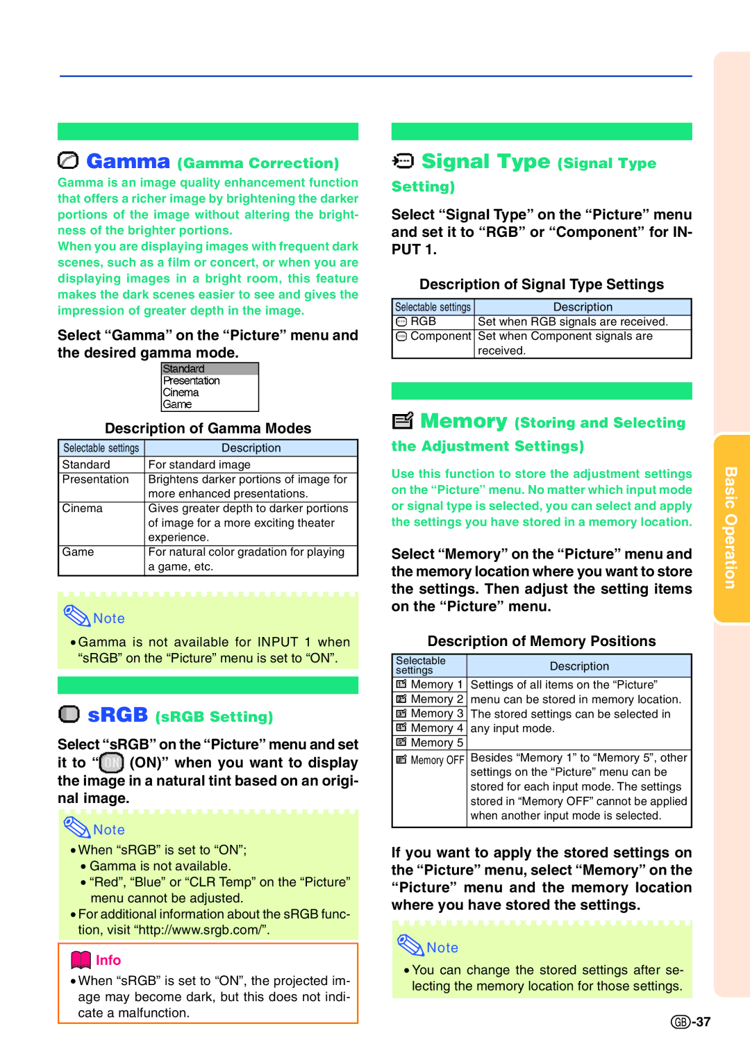 Sharp PG-A10X operation manual Signal Type Signal Type, Gamma Gamma Correction, SRGB sRGB Setting 