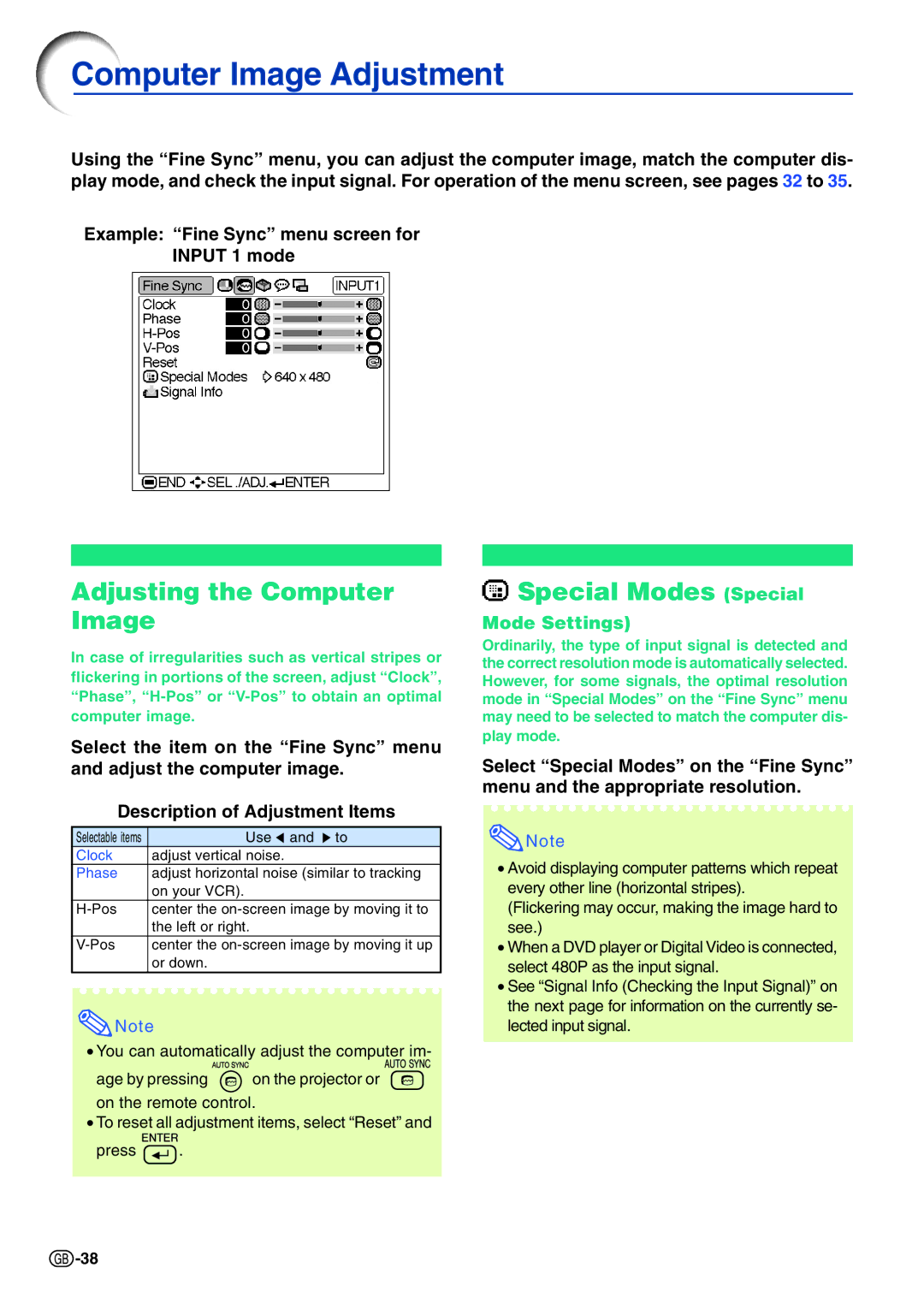 Sharp PG-A10X operation manual Computer Image Adjustment, Adjusting the Computer Special Modes Special Image, Mode Settings 