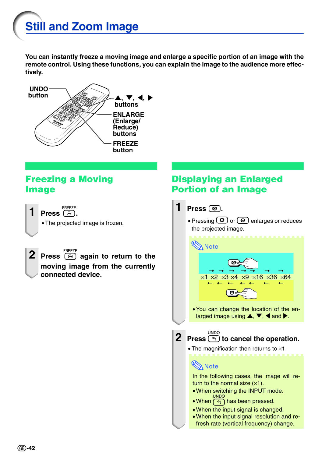 Sharp PG-A10X operation manual Still and Zoom Image, Press to cancel the operation, Button Buttons, Enlarge, Reduce 