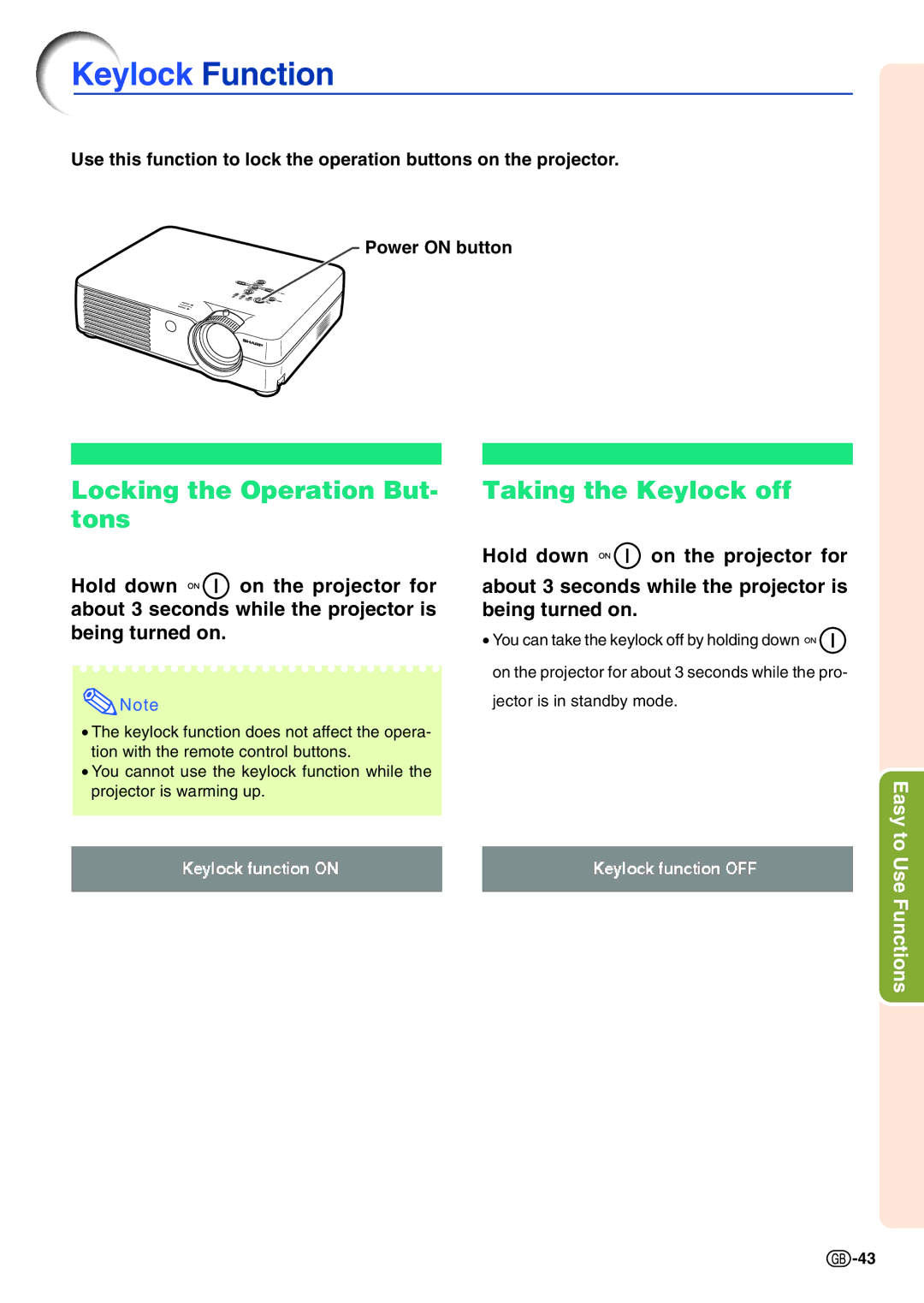 Sharp PG-A10X operation manual Locking the Operation But- tons, Taking the Keylock off 