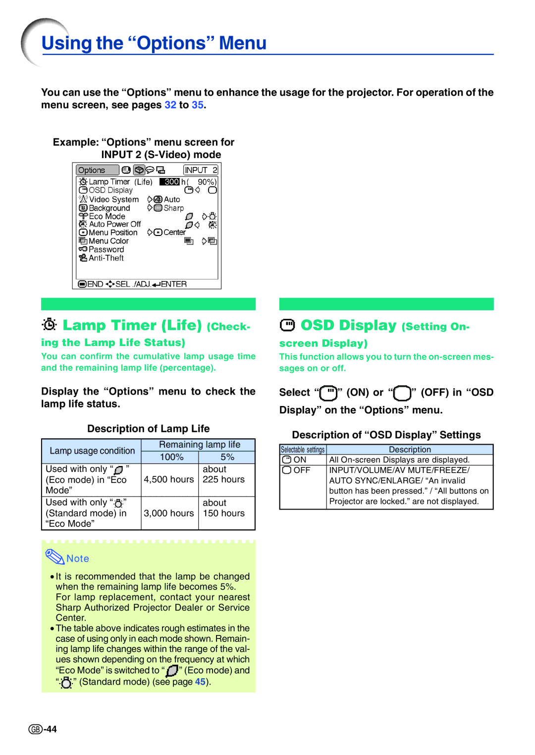 Sharp PG-A10X operation manual Using the Options Menu, Lamp Timer Life Check OSD Display Setting On 