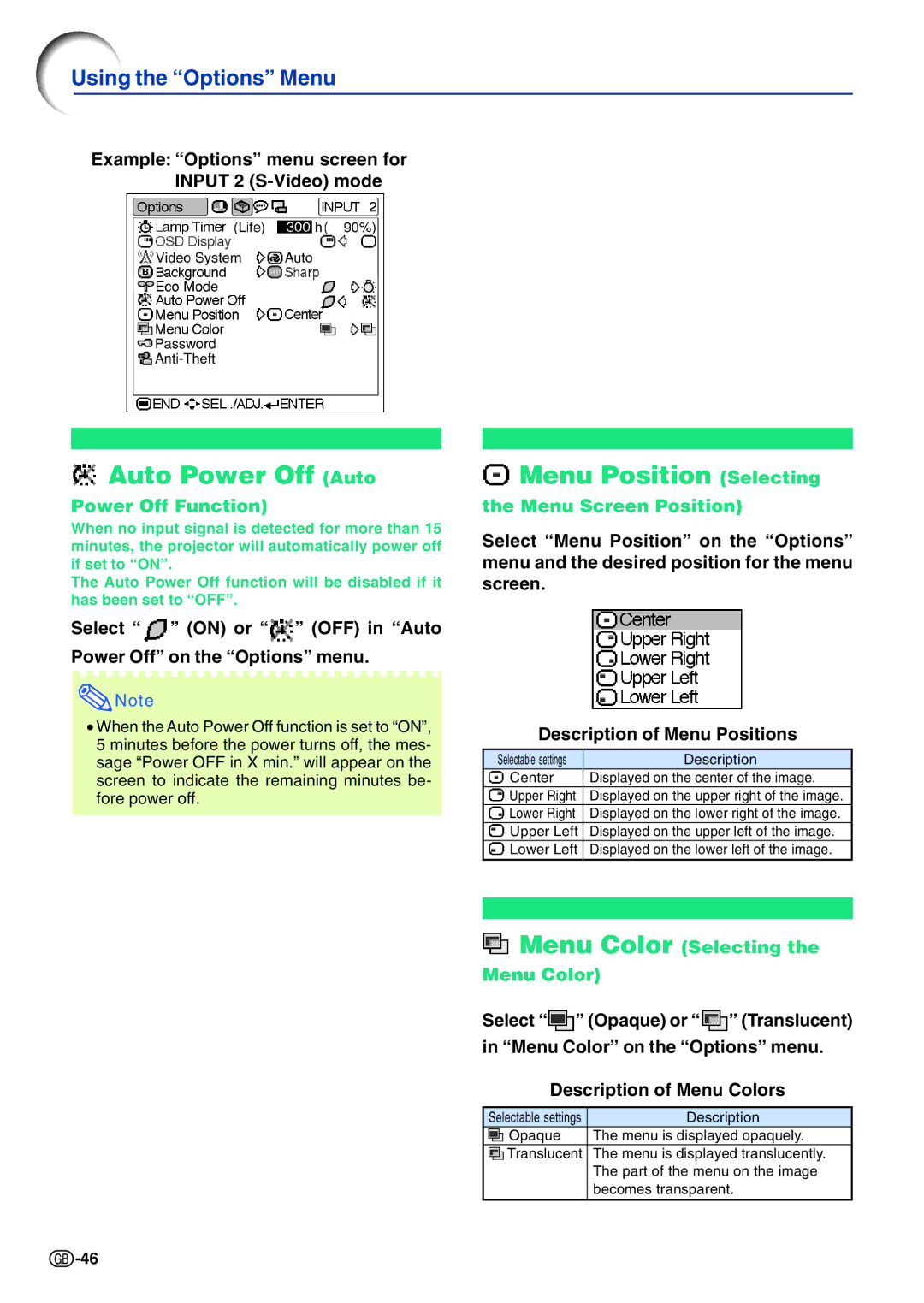 Sharp PG-A10X operation manual Auto Power Off Auto, Menu Position Selecting, Power Off Function, Menu Screen Position 