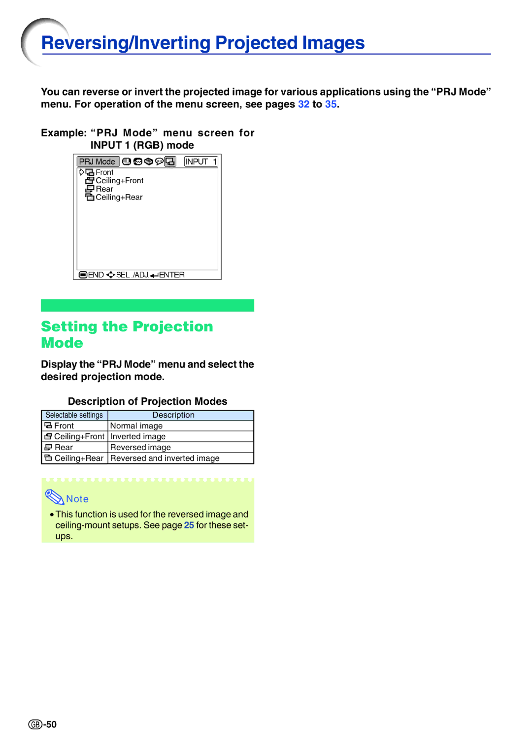 Sharp PG-A10X operation manual Reversing/Inverting Projected Images, Setting the Projection Mode 