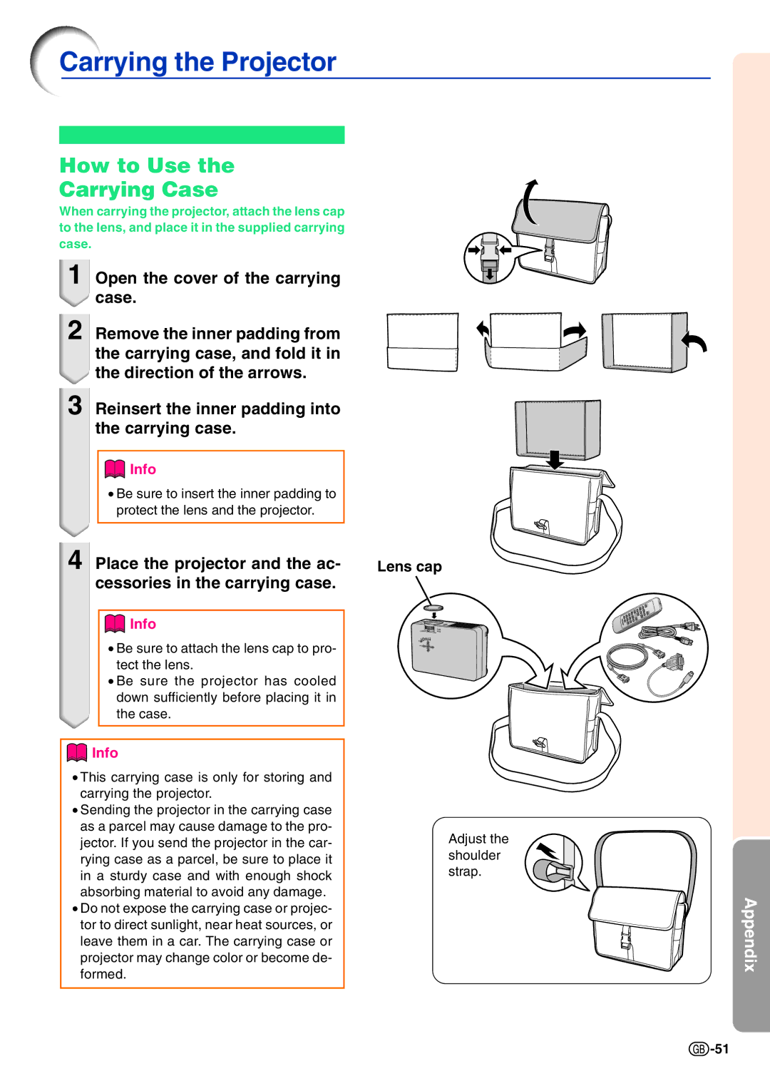 Sharp PG-A10X operation manual Carrying the Projector, How to Use Carrying Case, Lens cap 