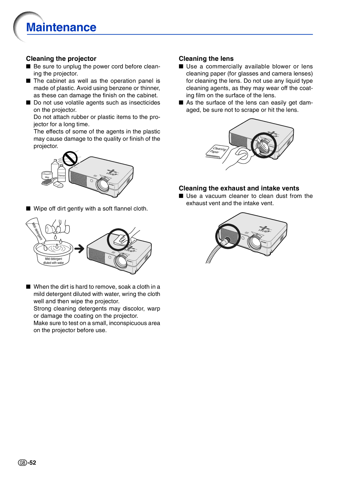 Sharp PG-A10X Maintenance, Cleaning the projector, Cleaning the lens, Cleaning the exhaust and intake vents 