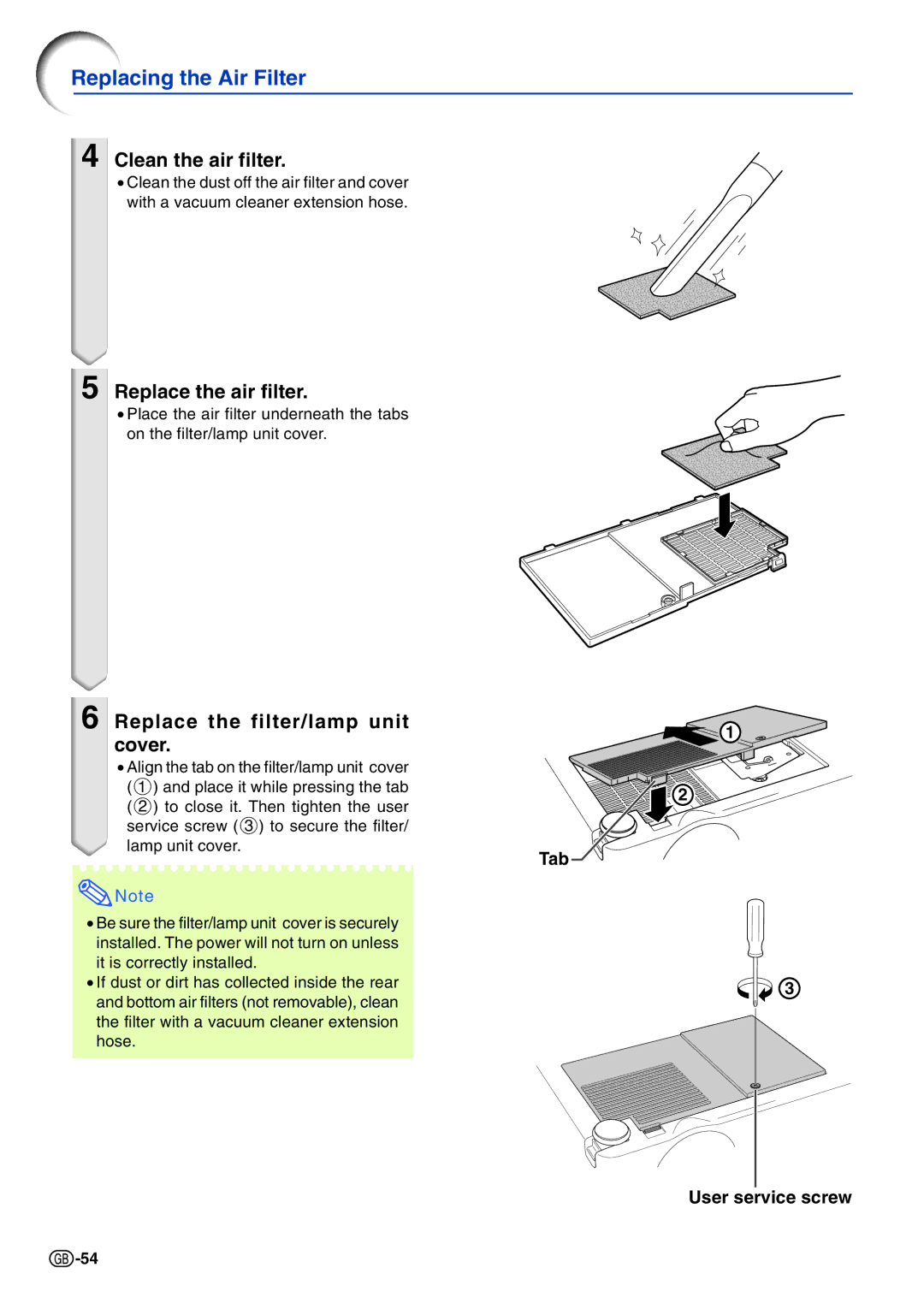 Sharp PG-A10X Clean the air filter, Replace the air filter, Replace the filter/lamp unit cover, Tab User service screw 