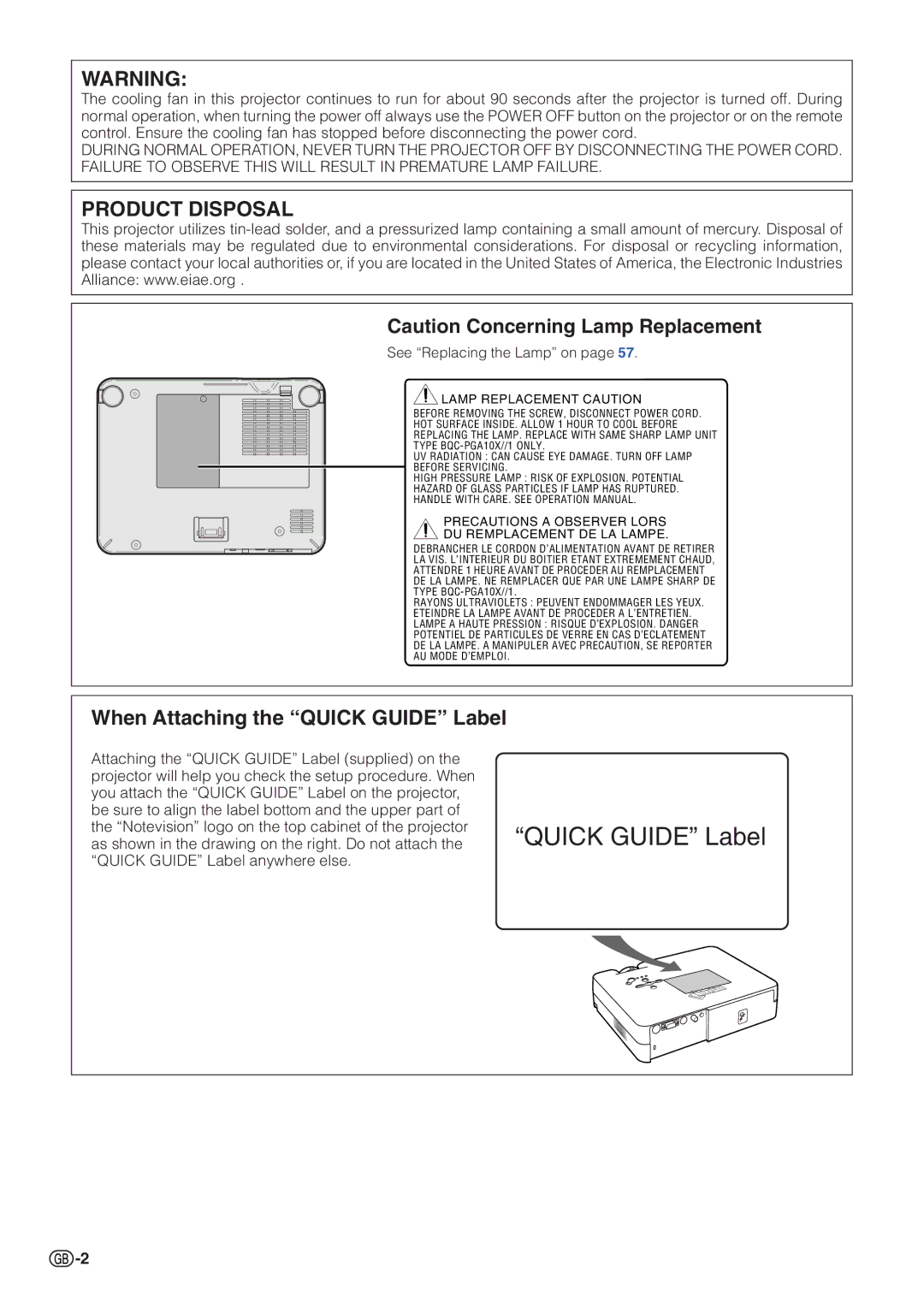 Sharp PG-A10X operation manual Product Disposal, When Attaching the Quick Guide Label 