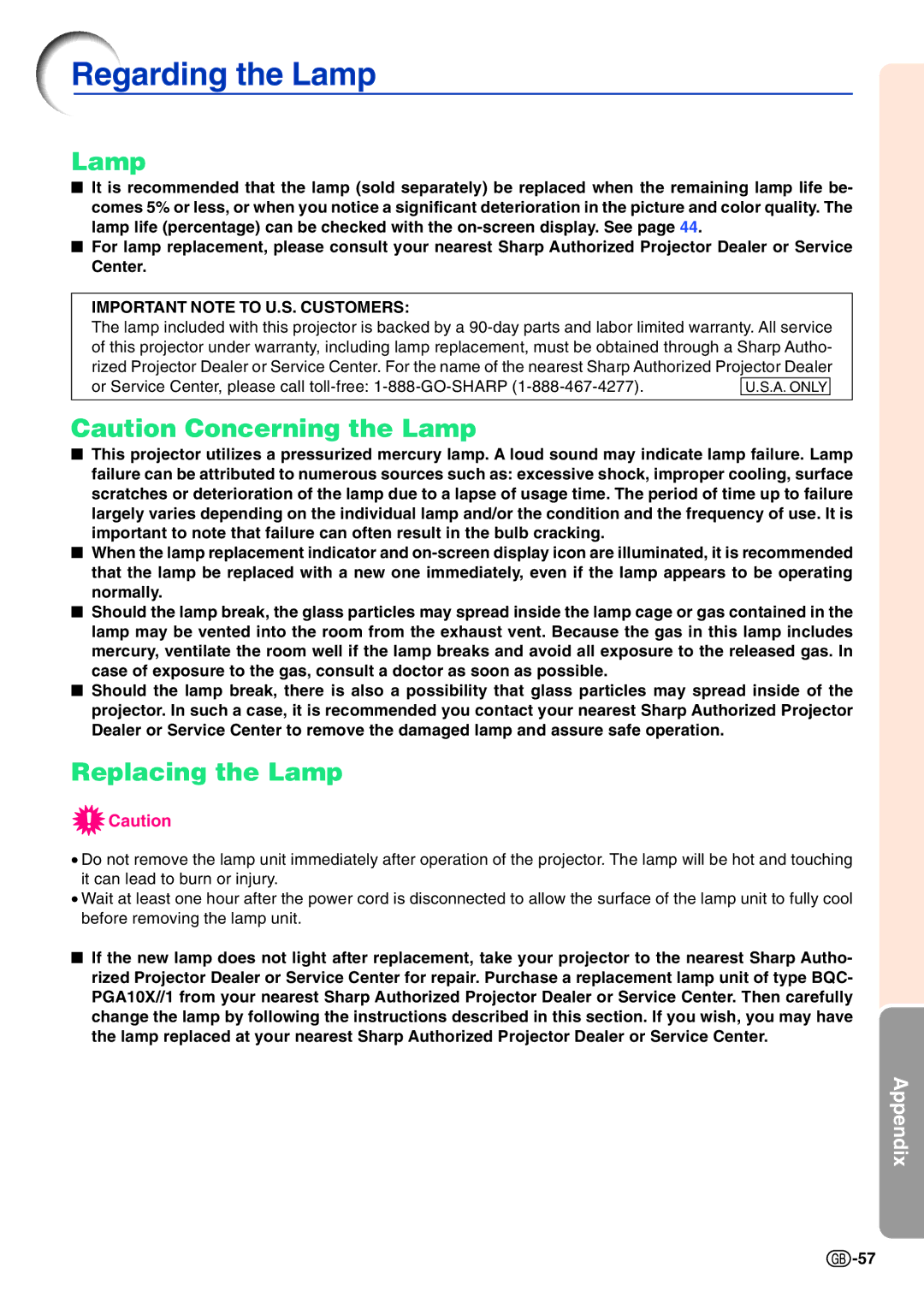 Sharp PG-A10X operation manual Regarding the Lamp, Replacing the Lamp 