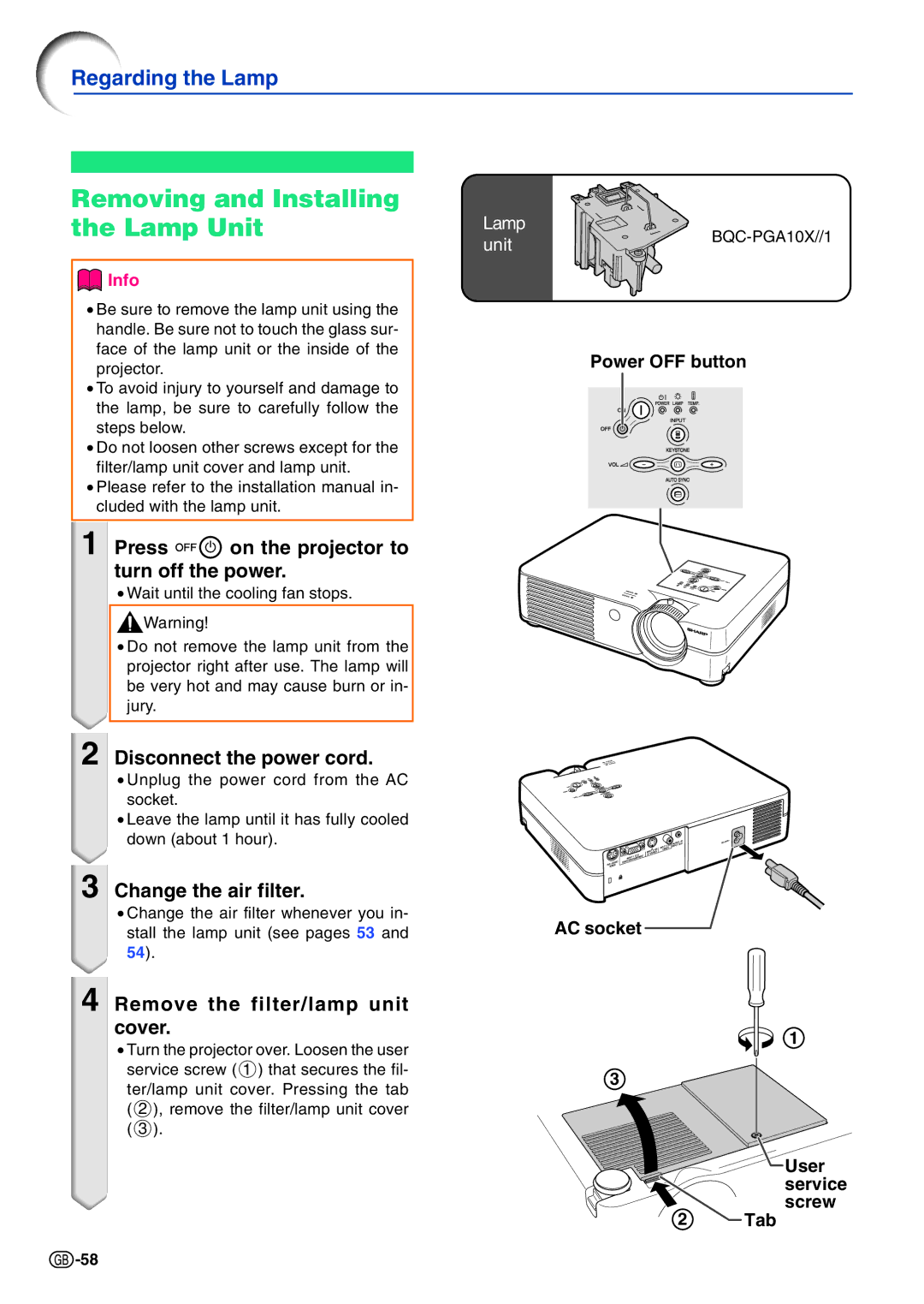 Sharp PG-A10X Removing and Installing the Lamp Unit, Press on the projector to turn off the power, Change the air filter 