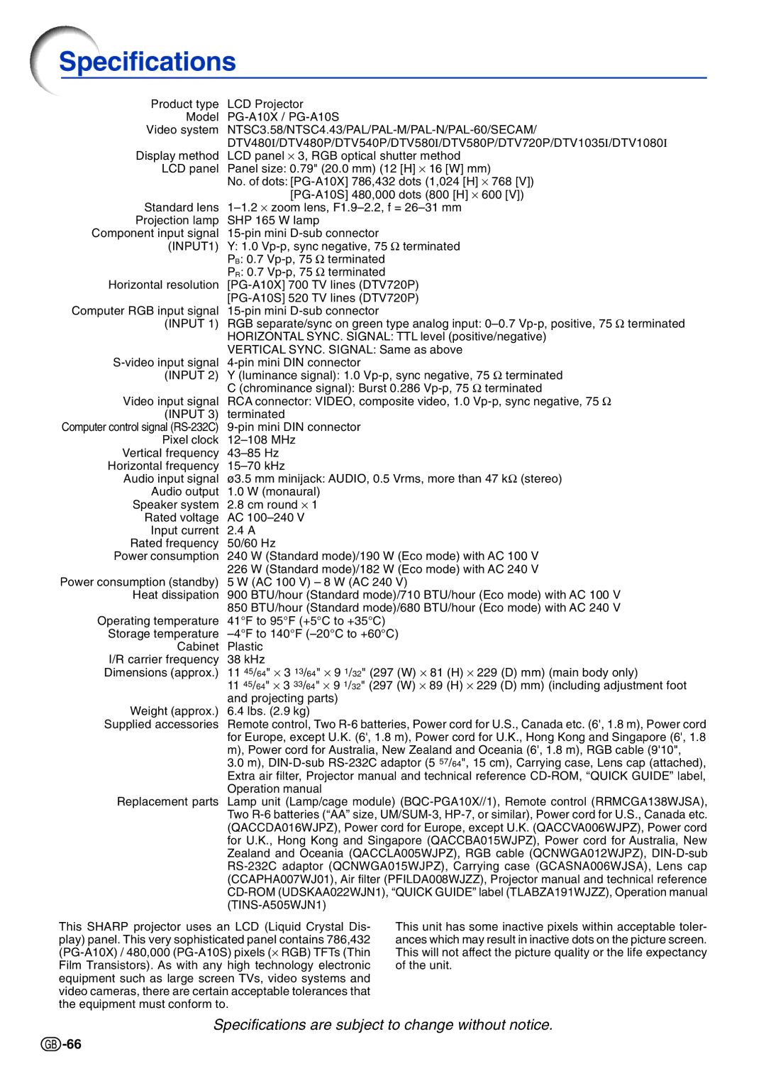 Sharp PG-A10X operation manual Specifications, NTSC3.58/NTSC4.43/PAL/PAL-M/PAL-N/PAL-60/SECAM 