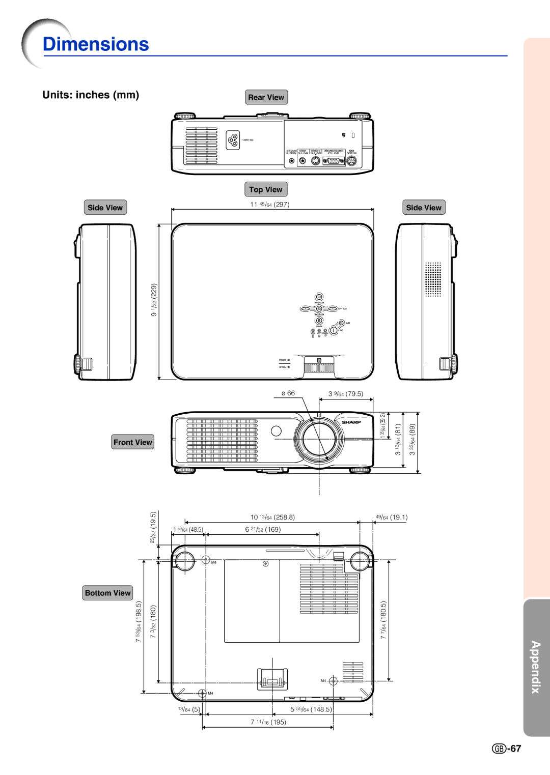 Sharp PG-A10X operation manual Dimensions, Units inches mm 