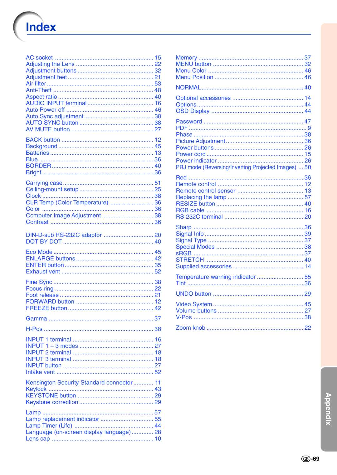 Sharp PG-A10X operation manual Index, Border 