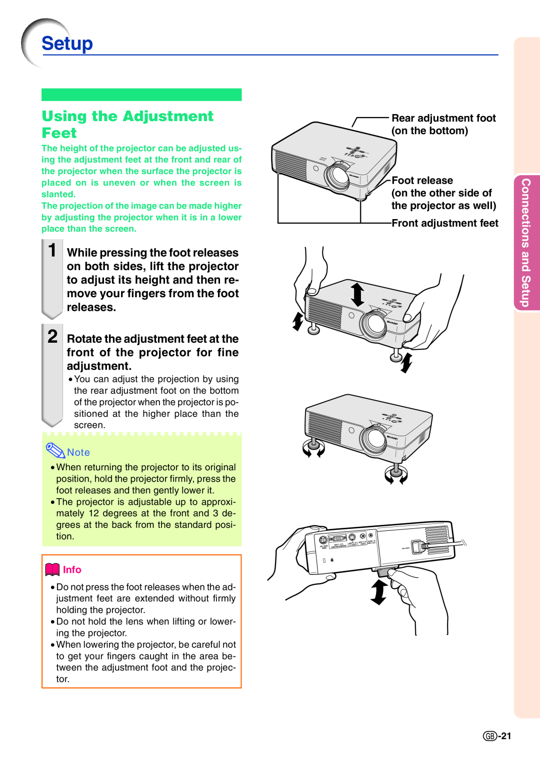 Sharp PG-A10X operation manual Using the Adjustment Feet, Connections and Setup 