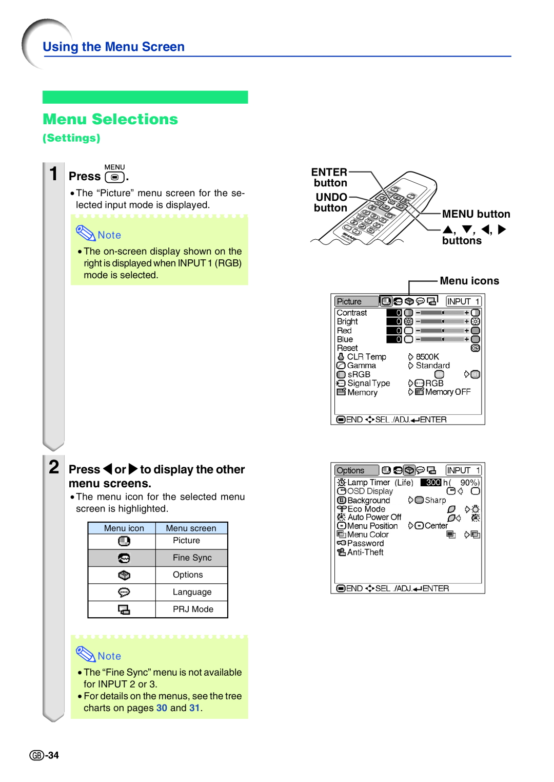 Sharp PG-A10X Using the Menu Screen, Menu Selections, Press \or to display the other menu screens, Settings, Enter 
