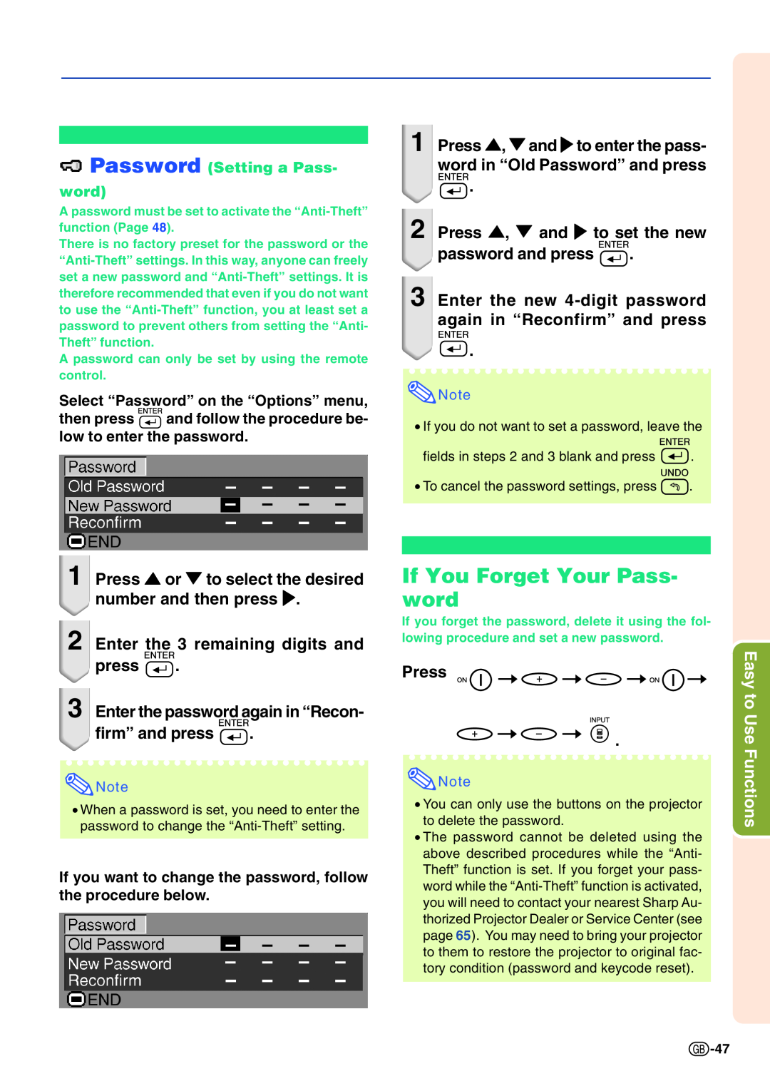 Sharp PG-A10X If You Forget Your Pass- word, Press , and to enter the pass- word in “Old Password” and press 