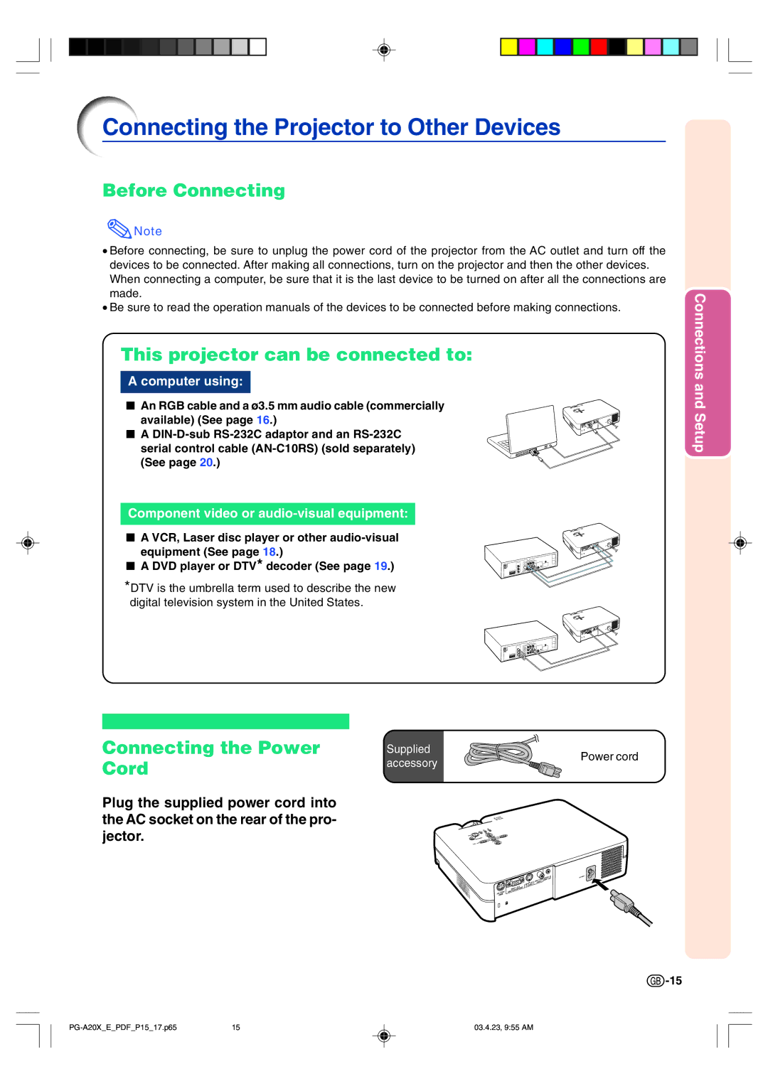 Sharp PG-A20X Connecting the Projector to Other Devices, Before Connecting, This projector can be connected to 