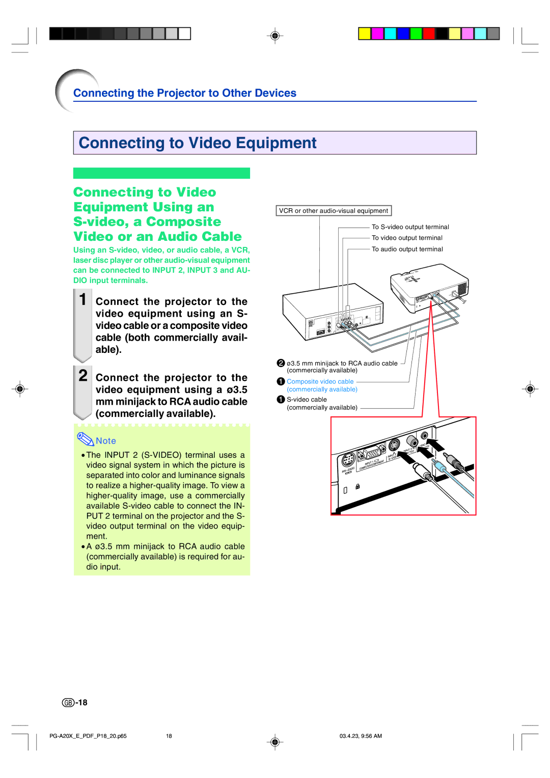 Sharp PG-A20X operation manual Connecting to Video Equipment 