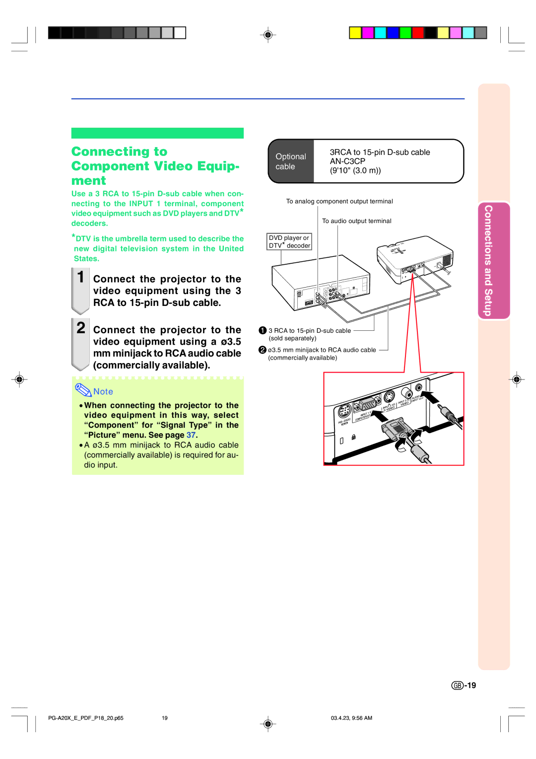 Sharp PG-A20X operation manual Connecting to Component Video Equip- ment, Cable 