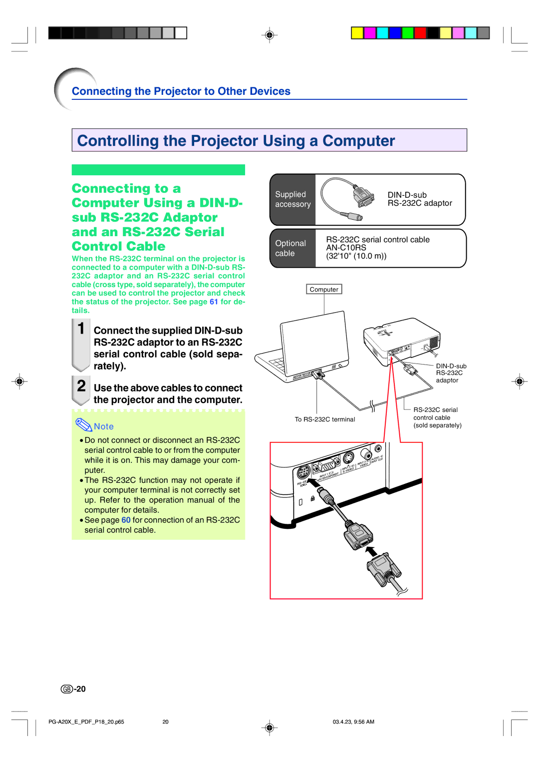 Sharp PG-A20X operation manual Controlling the Projector Using a Computer 