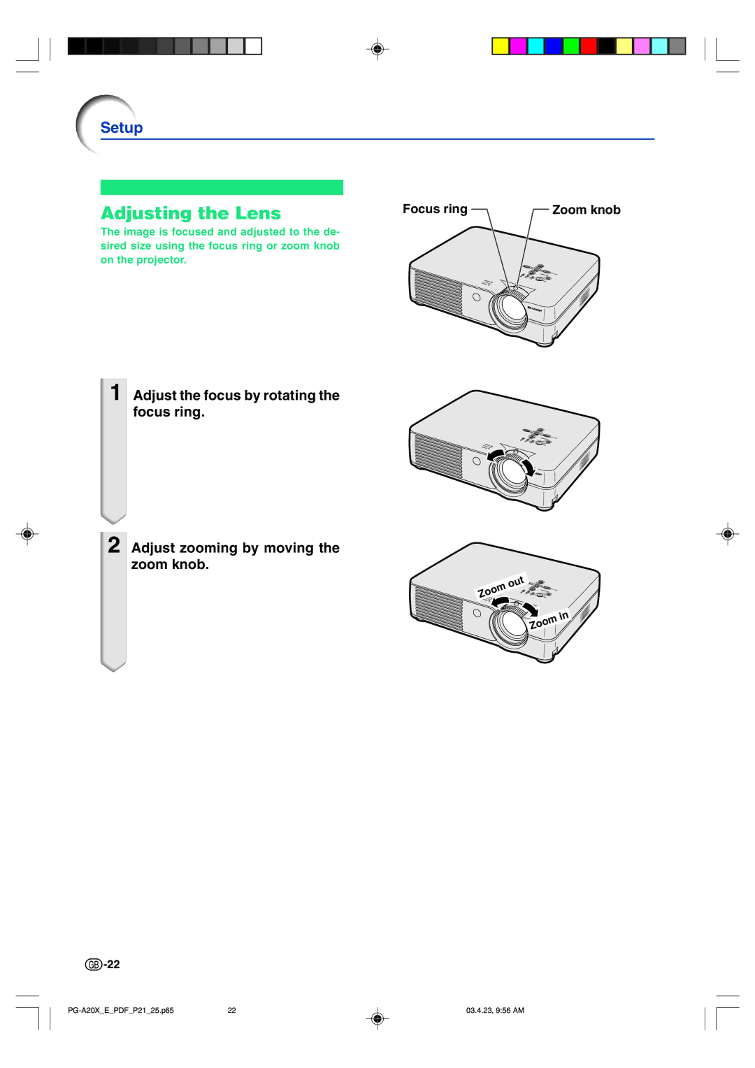 Sharp PG-A20X operation manual Adjusting the Lens, Focus ring Zoom knob 