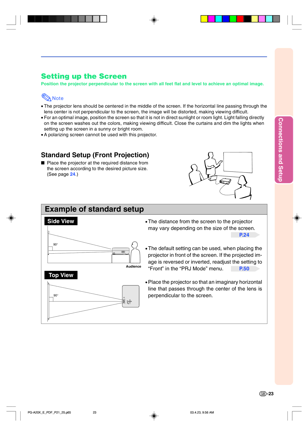 Sharp PG-A20X operation manual Setting up the Screen, Standard Setup Front Projection 