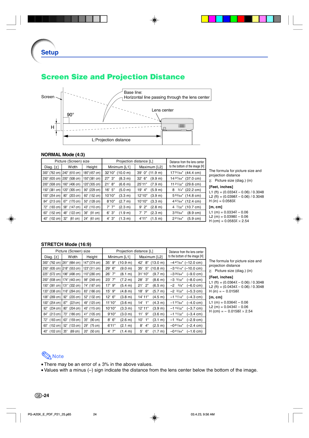 Sharp PG-A20X operation manual Screen Size and Projection Distance, Normal Mode, Stretch Mode 