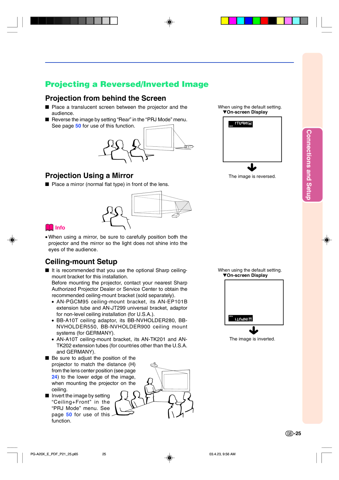 Sharp PG-A20X operation manual Projecting a Reversed/Inverted Image, Projection from behind the Screen 