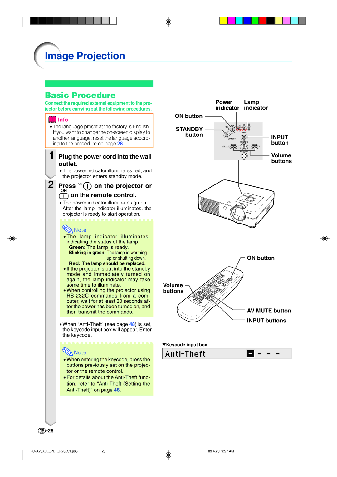 Sharp PG-A20X operation manual Image Projection, Basic Procedure, Plug the power cord into the wall outlet 