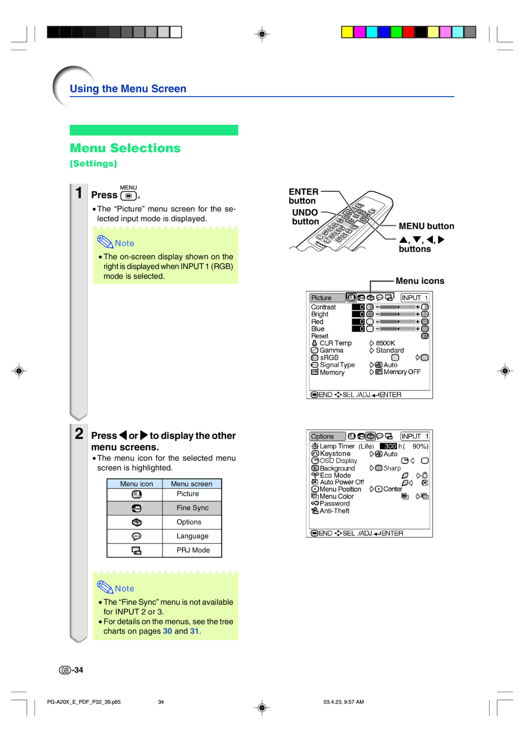 Sharp PG-A20X Press \or to display the other menu screens, Settings, Button Menu button, buttons Menu icons 