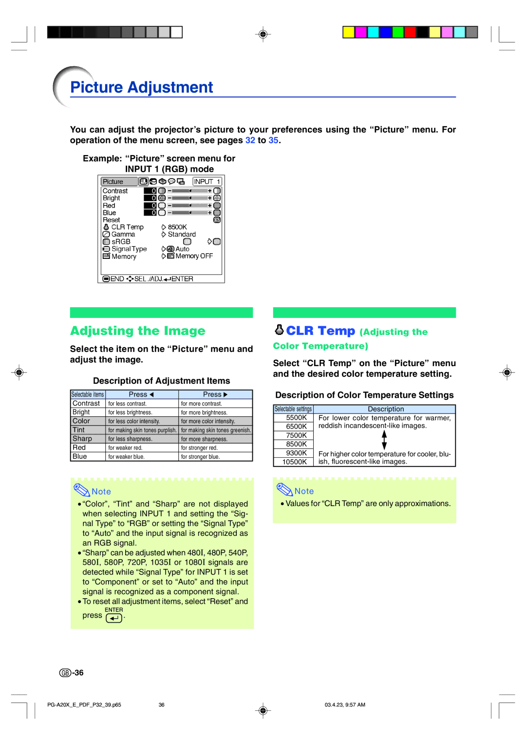 Sharp PG-A20X operation manual Picture Adjustment, Adjusting the Image, CLR Temp Adjusting Color Temperature 