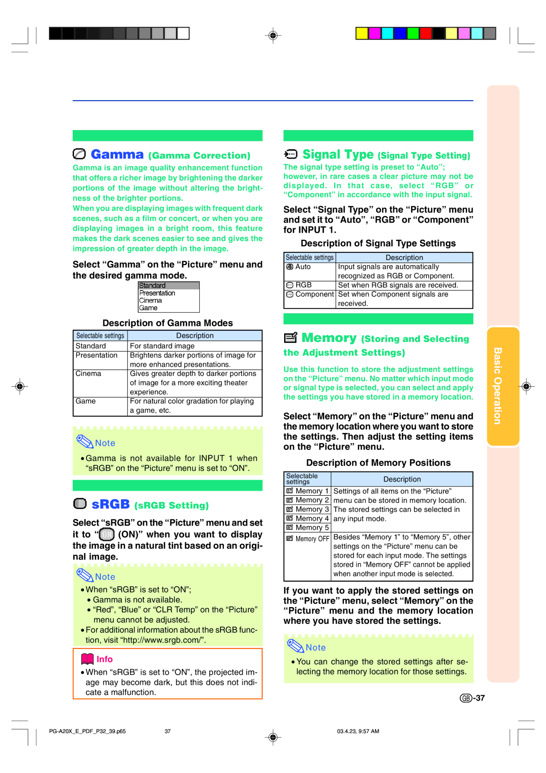 Sharp PG-A20X operation manual Gamma Gamma Correction, SRGB sRGB Setting, Signal Type Signal Type Setting 