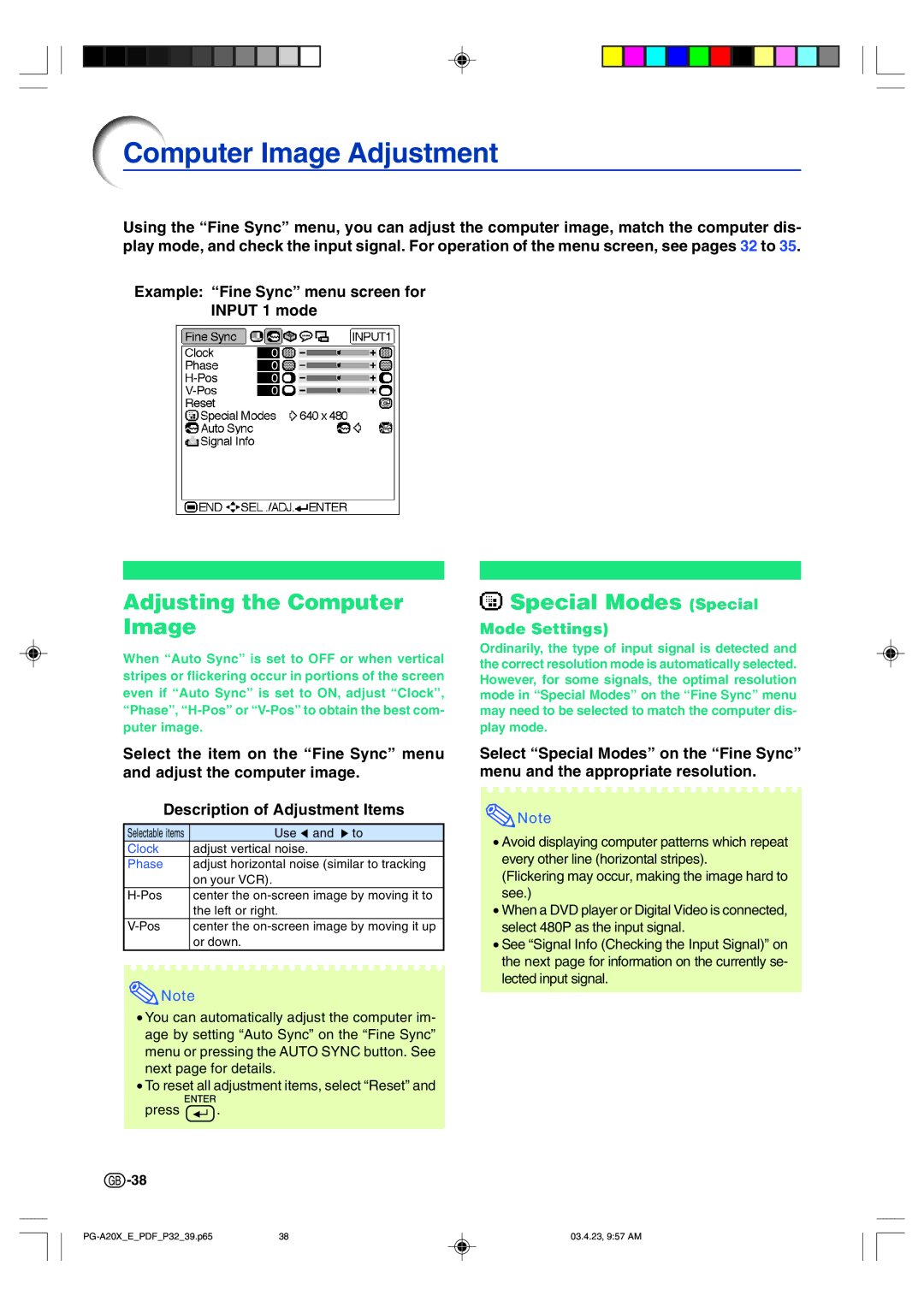 Sharp PG-A20X operation manual Computer Image Adjustment, Adjusting the Computer Special Modes Special Image, Mode Settings 