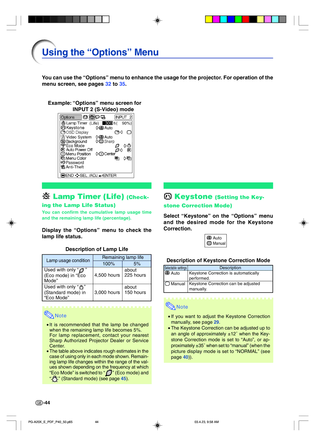 Sharp PG-A20X operation manual Using the Options Menu, Lamp Timer Life Check, Ing the Lamp Life Status 