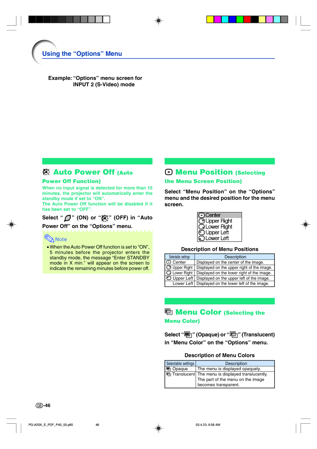 Sharp PG-A20X Auto Power Off Auto, Menu Position Selecting, Power Off Function, Menu Screen Position, Menu Color Selecting 