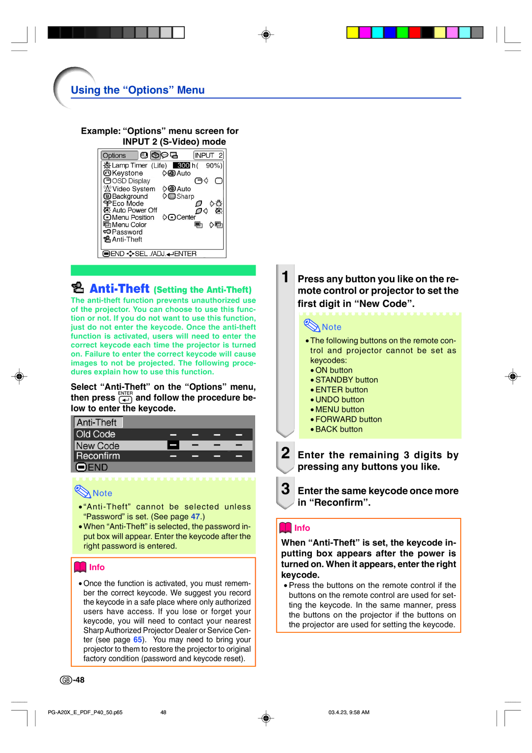 Sharp PG-A20X operation manual Anti-TheftSetting the Anti-Theft 