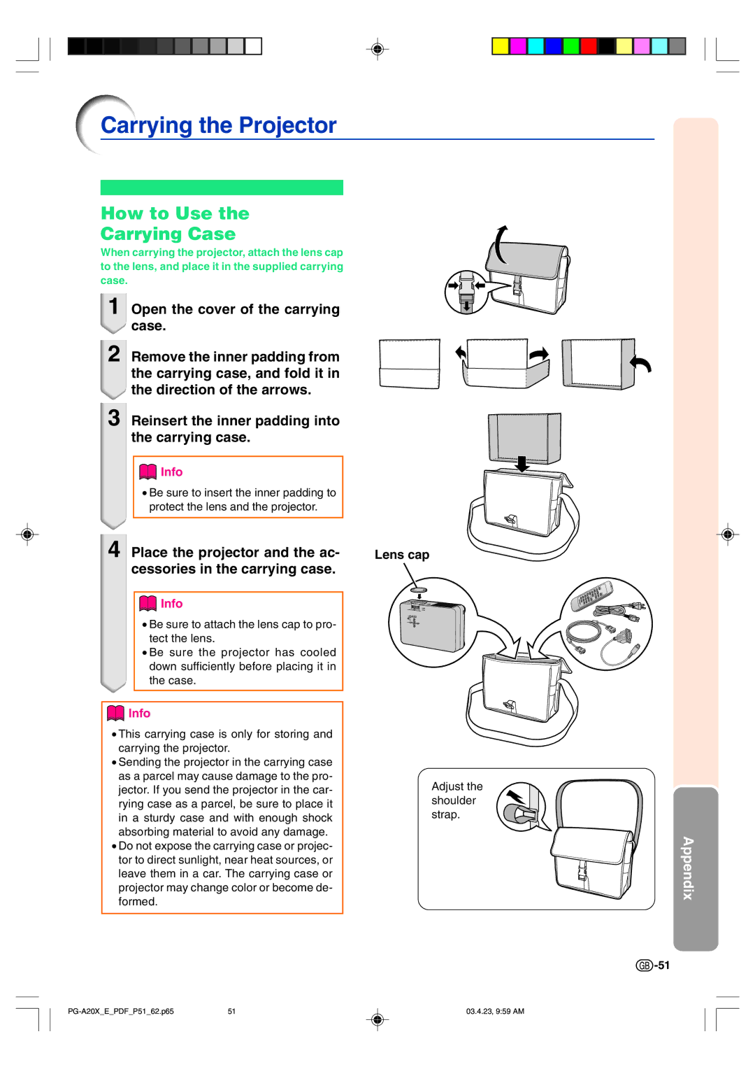 Sharp PG-A20X operation manual Carrying the Projector, How to Use Carrying Case, Lens cap 