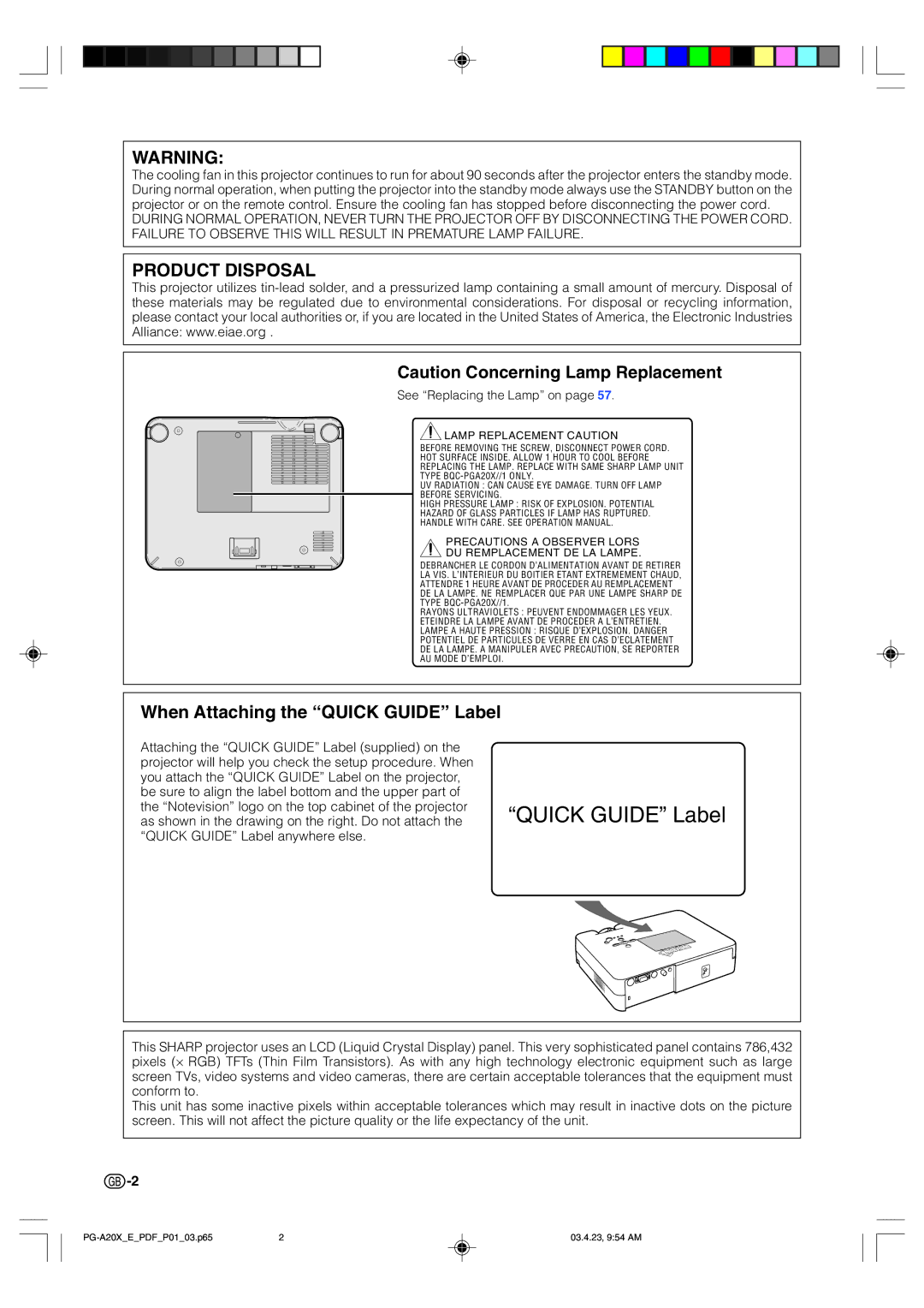 Sharp PG-A20X operation manual Product Disposal, When Attaching the Quick Guide Label 