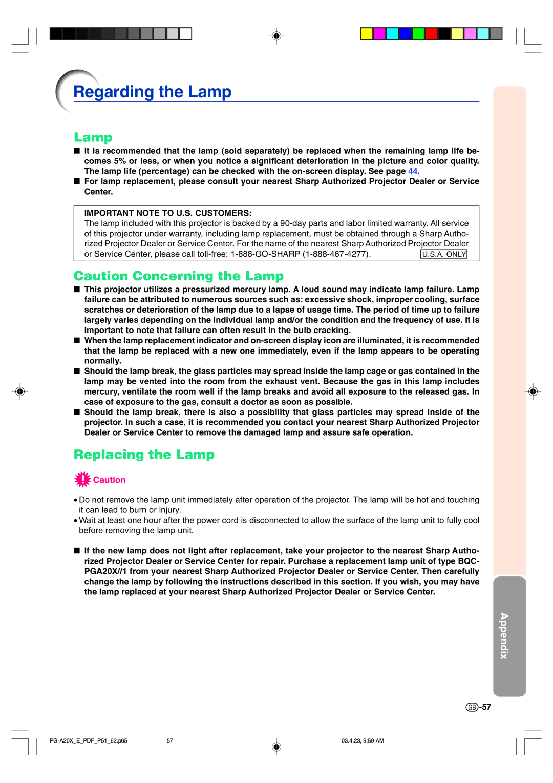 Sharp PG-A20X operation manual Regarding the Lamp, Replacing the Lamp 