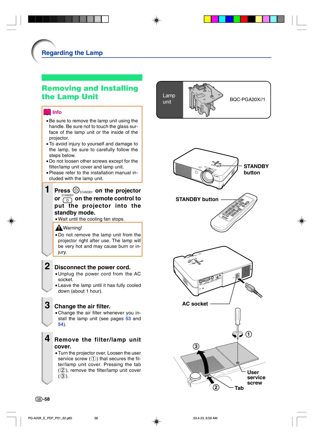 Sharp PG-A20X operation manual Removing and Installing the Lamp Unit, Change the air filter 