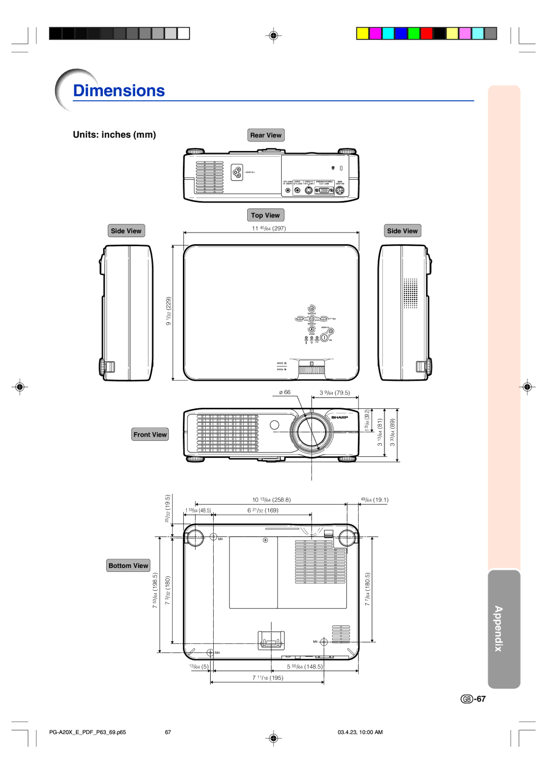 Sharp PG-A20X operation manual Dimensions, Units inches mm 