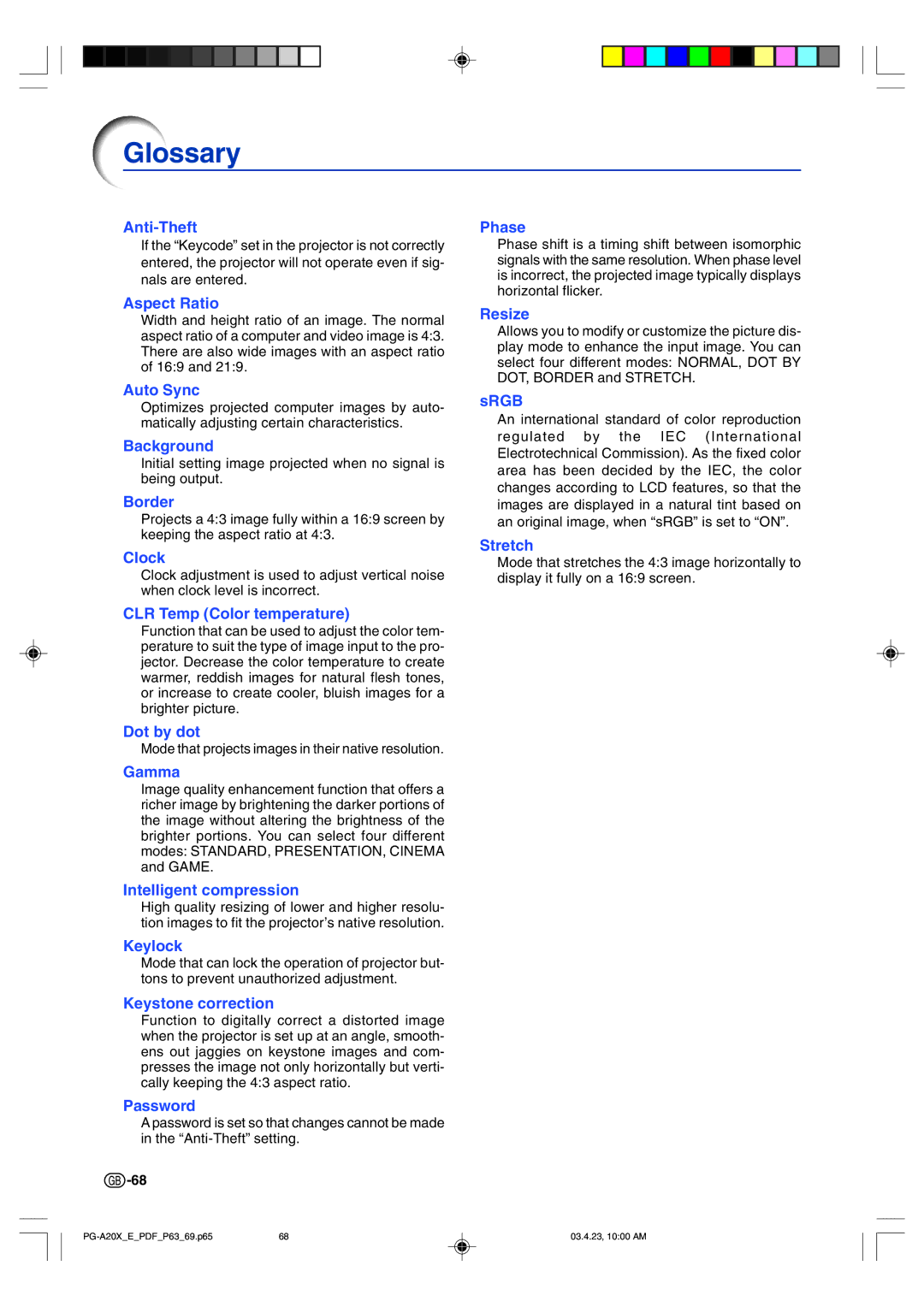 Sharp PG-A20X operation manual Glossary, Anti-Theft 