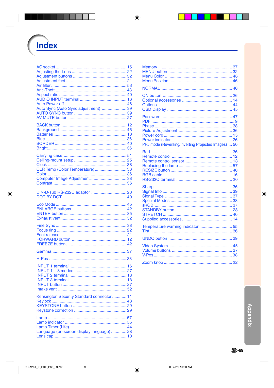 Sharp PG-A20X operation manual Index, Border 