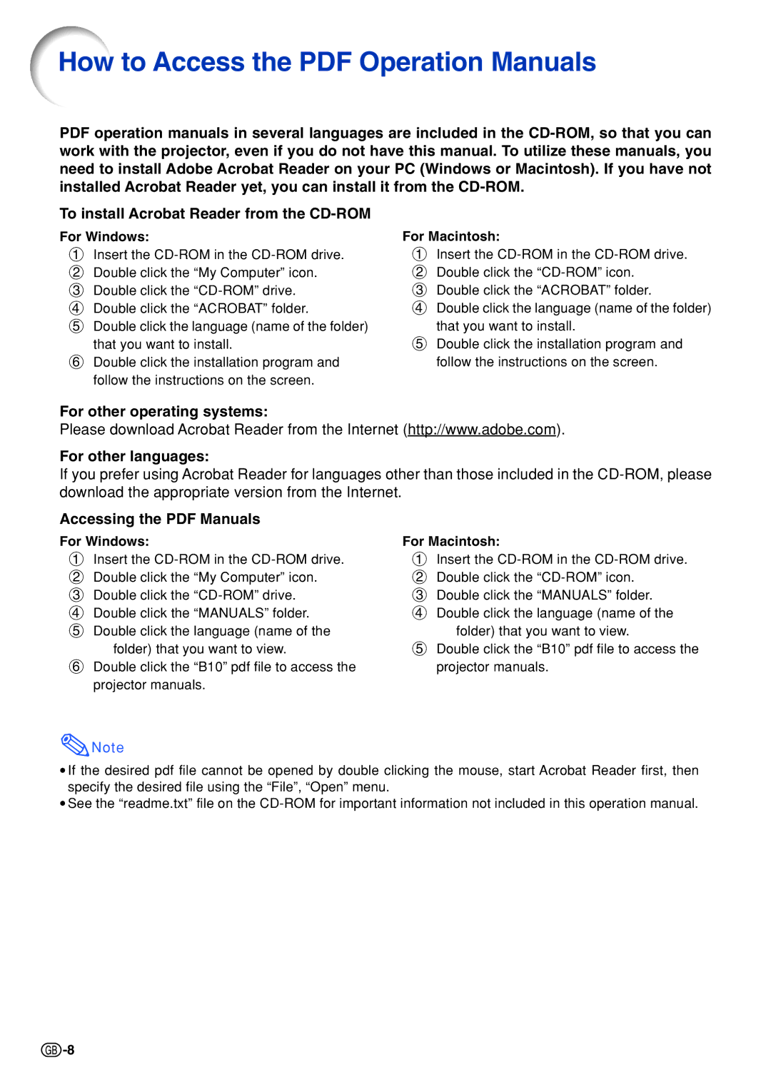 Sharp PG-B10S operation manual To install Acrobat Reader from the CD-ROM, For other operating systems For other languages 