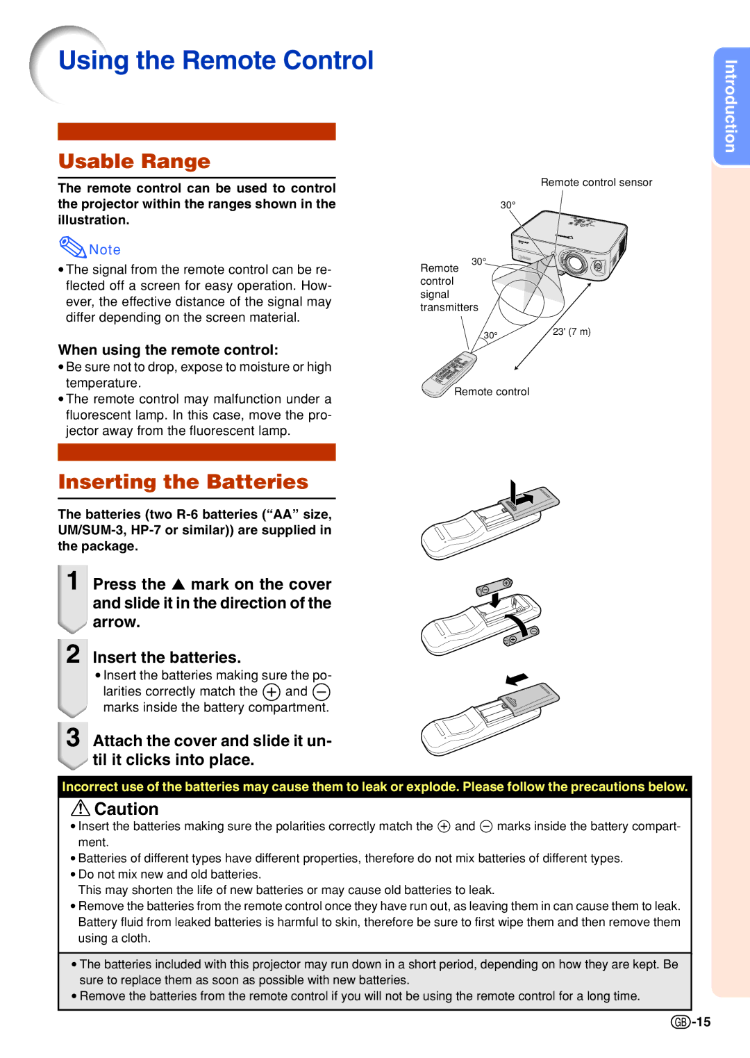 Sharp PG-B10S Using the Remote Control, Usable Range, Inserting the Batteries, When using the remote control 