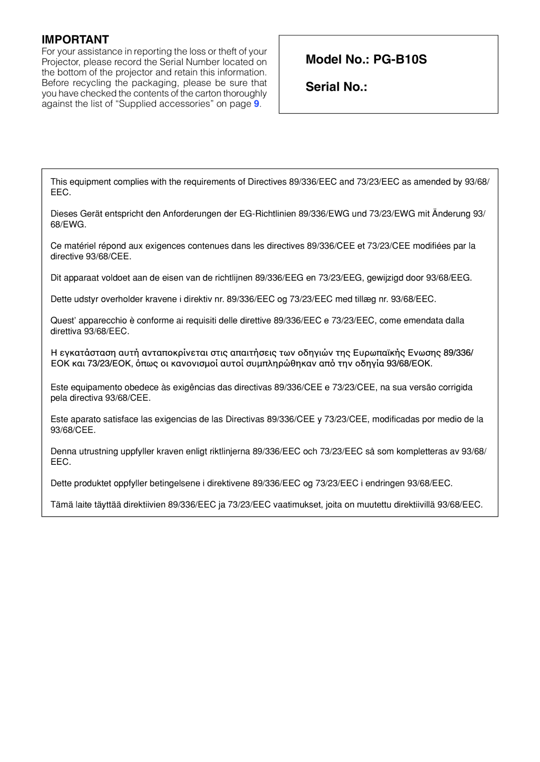 Sharp operation manual Model No. PG-B10S Serial No 