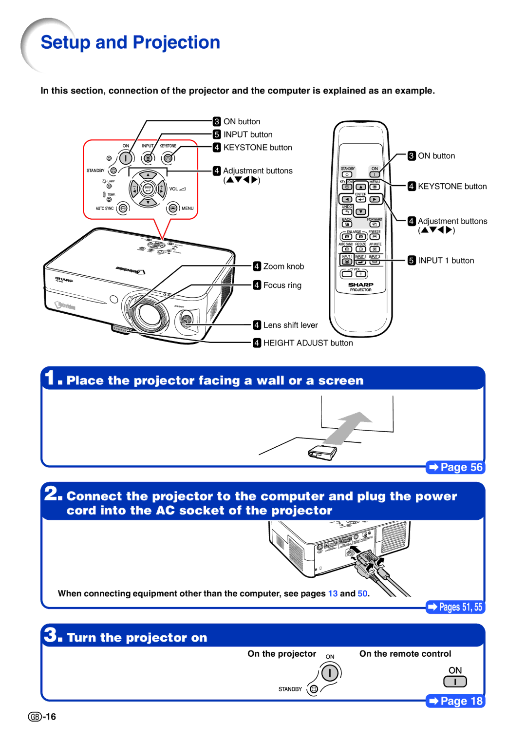 Sharp PG-B10S operation manual Setup and Projection 