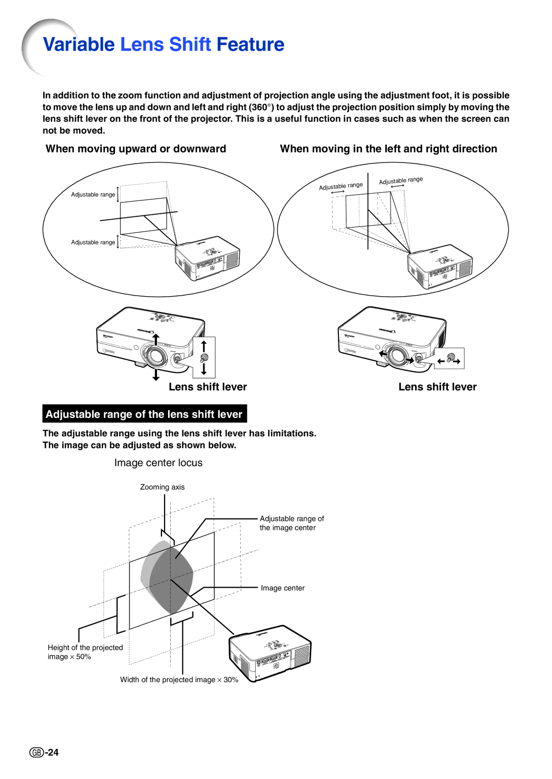 Sharp PG-B10S operation manual Variable Lens Shift Feature, When moving upward or downward, Lens shift lever 