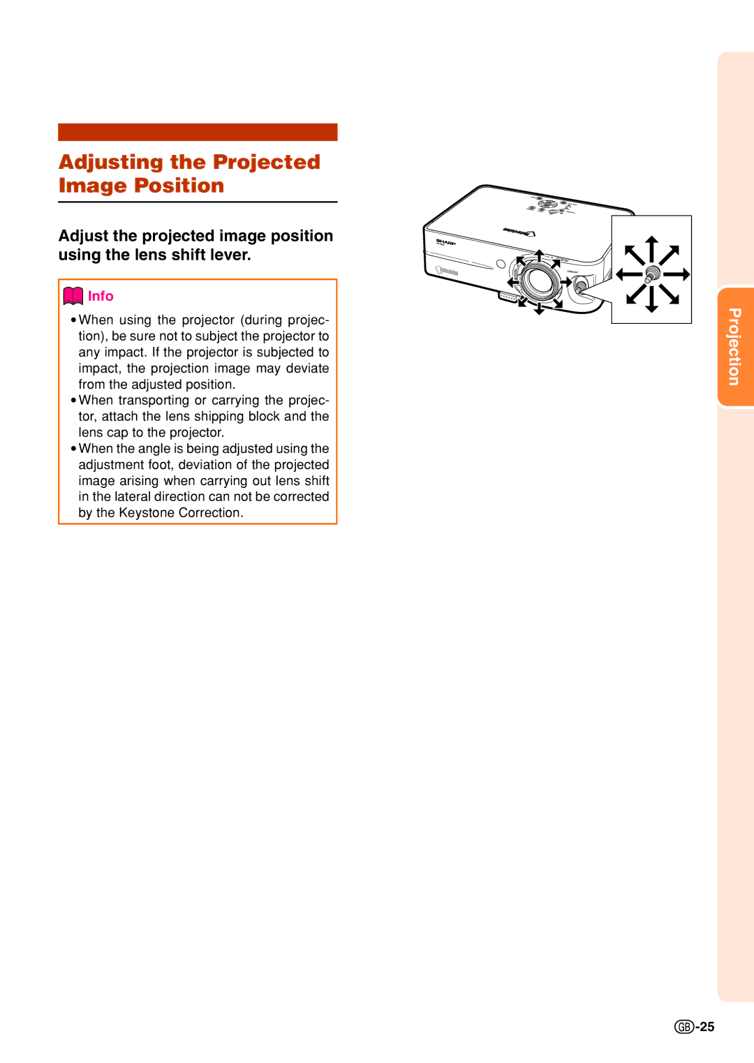 Sharp PG-B10S operation manual Adjusting the Projected Image Position 